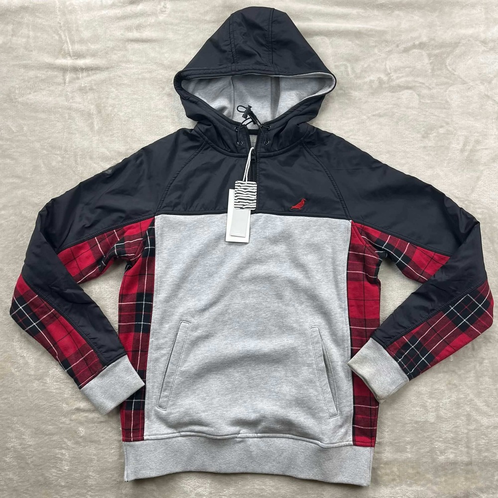 NWT New Staple Pigeon Men Plaid Colorblock Mixed Media Quarter Zip Hoodie Size S